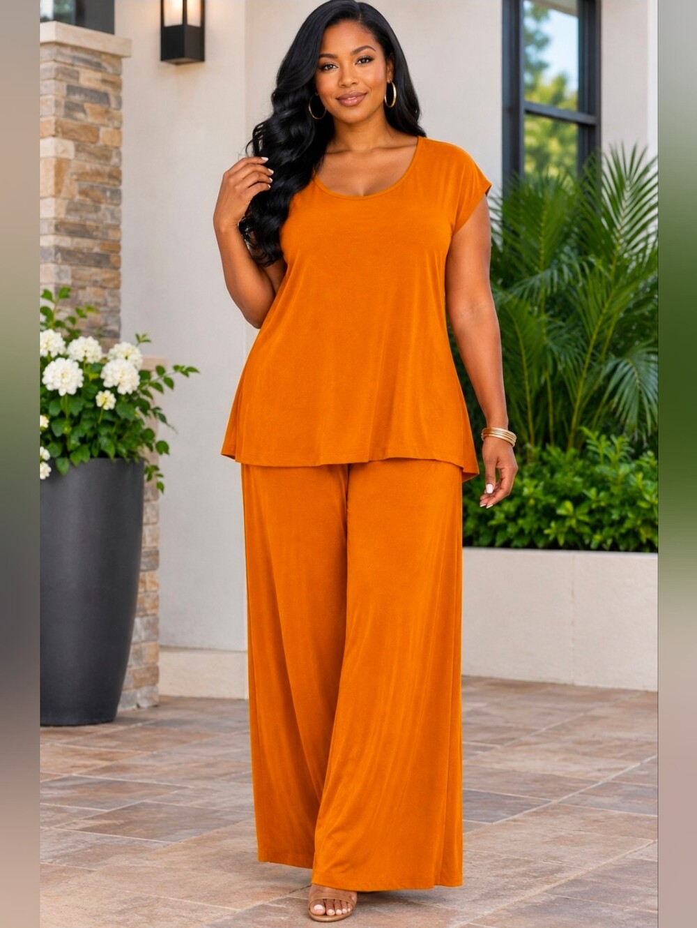 New! Stretchy Flowy Wide-Leg Pants and Sleeveless Blouse Set, Sz 1x, NWT